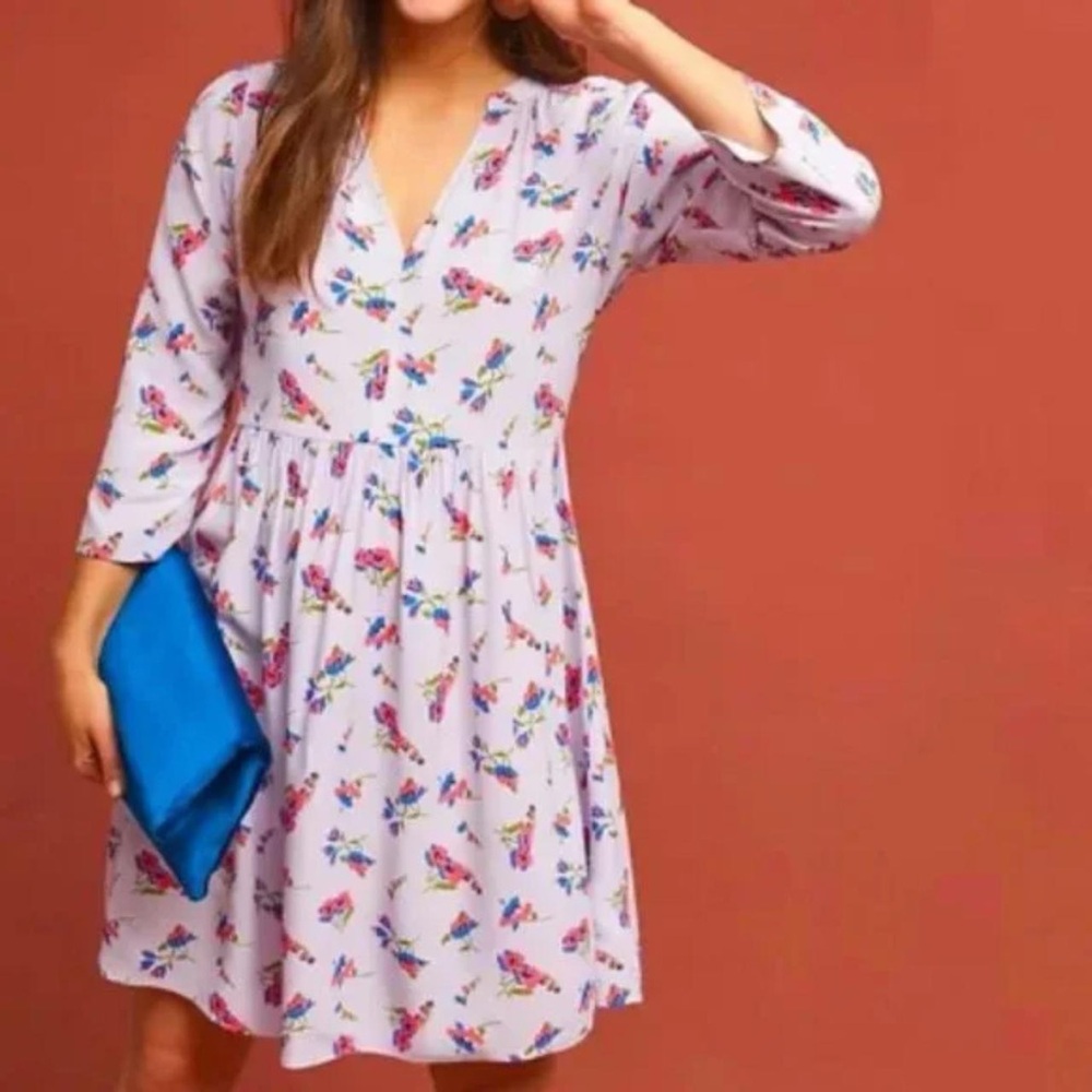 Anthropologie Maeve Juno Lilac Poppies Floral Spring Summer Tunic Dress XS - Picture 2 of 10